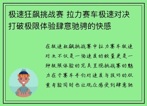 极速狂飙挑战赛 拉力赛车极速对决 打破极限体验肆意驰骋的快感